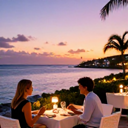 Caribbean Holidays, Bermuda Spa Breaks, Romantic Bermuda evening at a waterfront restaurant in February, with a couple dining outdoors beneath soft lights and pastel sunset skies