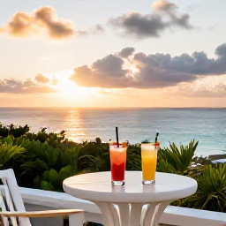 Caribbean Holidays, Bermuda Spa Breaks, Romantic Bermuda sunset from a stylish resort terrace, with two drinks, ocean views and soft evening light