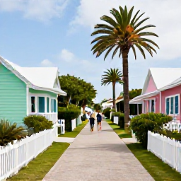 Caribbean Holidays, Bermuda Spa Breaks, Scenic Bermuda coastal path with pastel cottages, palm trees and visitors enjoying a relaxed September walk