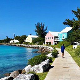 Caribbean Holidays, Bermuda Spa Breaks, Traveller walking along Bermuda's scenic coastal path near clear blue water, pastel houses and lush greenery in October