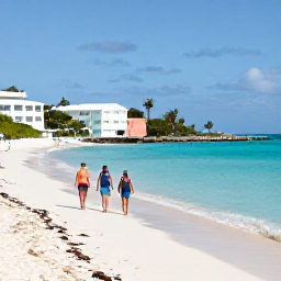Caribbean Holidays, Bermuda Spa Breaks, Travellers walking along a sunny Bermuda beach in April, with turquoise water, pastel buildings and relaxed island scenery