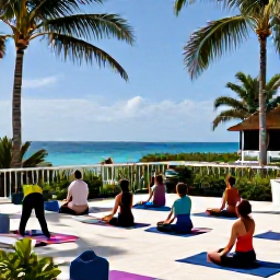 Caribbean Holidays, Bermuda Spa Breaks, Visitors enjoying a peaceful yoga session on a Bermuda terrace surrounded by palms, greenery and ocean views