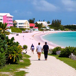 Caribbean Holidays, Bermuda Spa Breaks, Visitors walking along a scenic Bermuda coastal path in February, with pink-sand beach, clear water and pastel houses in the background