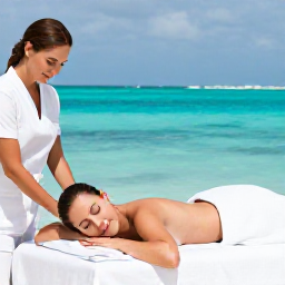 Caribbean Holidays, Bermuda Spa Breaks, Woman relaxing in a peaceful Bermuda spa overlooking the turquoise Atlantic Ocean, with a therapist preparing a wellness treatment