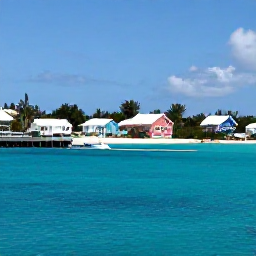 Caribbean Holidays, Bermuda Tours, A bright coastal view of Bermuda with turquoise water, pastel houses and a small sightseeing boat near the shore