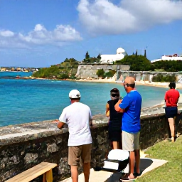 Caribbean Holidays, Bermuda Tours, A friendly local guide showing holidaymakers a historic fort overlooking Bermuda&rsquo;s turquoise sea