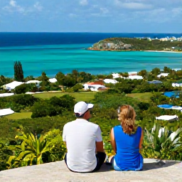 Caribbean Holidays, Bermuda Tours, A relaxed couple viewing Bermuda&rsquo;s coastline from a scenic hilltop, with turquoise sea and green landscape in the background