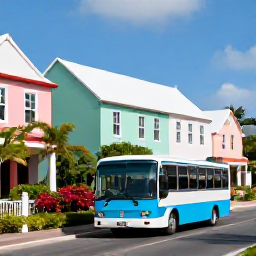Caribbean Holidays, Bermuda Tours, A traditional Bermuda sightseeing bus passing pastel-coloured buildings and lush gardens on a sunny island road