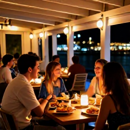 Caribbean Holidays, Bermuda Tours July, A relaxed evening in Hamilton, Bermuda, with outdoor tables, local seafood, glowing lights and a warm summer atmosphere