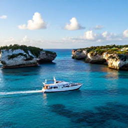 Caribbean Holidays, Bermuda Tours July, A small boat cruising across clear Bermuda water beside hidden coves and dramatic coastal scenery in warm afternoon sunlight