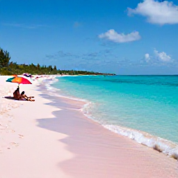 Caribbean Holidays, Bermuda Tours July, A sunny pink-sand beach in Bermuda with turquoise water, colourful umbrellas and visitors enjoying a relaxed July holiday
