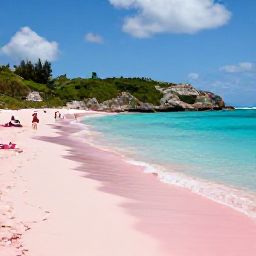 Caribbean Holidays, Bermuda Tours July, Visitors relaxing on Horseshoe Bay Beach in Bermuda with pink sand, clear turquoise sea and green coastal hills