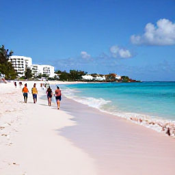 Caribbean Holidays, Bermuda Tours May, Horseshoe Bay Bermuda with pink sand, turquoise sea and visitors walking along the shore in May sunshine