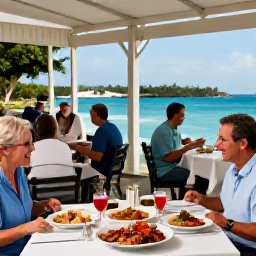 Caribbean Holidays, Bermuda Tours November, A friendly Bermuda restaurant serving fresh seafood and local dishes, with visitors dining in a relaxed waterfront setting