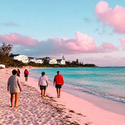 Caribbean Holidays, Bermuda Tours November, Visitors walking along Horseshoe Bay in Bermuda in November, with pink sand, turquoise sea and soft afternoon sunlight