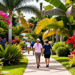 Caribbean Holidays, Bermuda Tours, Visitors walking through the lush Bermuda Botanical Gardens with palm trees, flowering plants and shaded paths