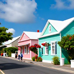 Caribbean Holidays, Bermuda Walking Holidays, A friendly Bermudian village street in April with pastel cottages, flowering plants and walkers exploring local shops