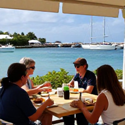 Caribbean Holidays, Bermuda Walking Holidays, A friendly outdoor caf&eacute; beside a Bermuda harbour, with walkers enjoying lunch and views of boats in November