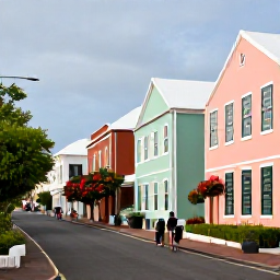 Caribbean Holidays, Bermuda Walking Holidays, A relaxed afternoon scene in St George&rsquo;s, Bermuda, with pastel buildings, historic streets, flowering gardens and walkers exploring the town