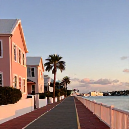 Caribbean Holidays, Bermuda Walking Holidays, A relaxed August evening walk through Hamilton, Bermuda, showing pastel buildings, palm trees, harbour views and gentle golden light