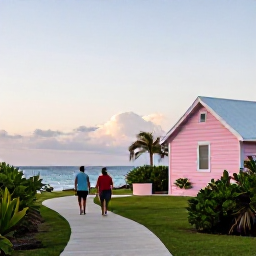Caribbean Holidays, Bermuda Walking Holidays, A relaxed Bermuda holiday scene with walkers beside the sea, tropical vegetation and a pastel cottage at sunset