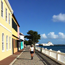 Caribbean Holidays, Bermuda Walking Holidays, A relaxed walker exploring St George's Bermuda, with colourful historic buildings, cobbled lanes and harbour views in November sunshine