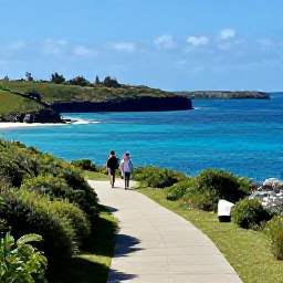 Caribbean Holidays, Bermuda Walking Holidays, A scenic Bermuda coastal path beside blue water, with walkers approaching a viewpoint over sheltered bays