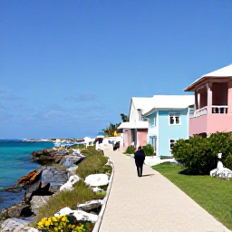 Caribbean Holidays, Bermuda Walking Holidays, A scenic coastal walking trail in Bermuda in February, with turquoise sea, pastel houses and clear blue skies