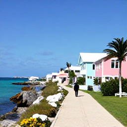Caribbean Holidays, Bermuda Walking Holidays, A scenic coastal walking trail in Bermuda in January, with turquoise sea, pastel houses and clear blue skies
