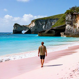 Caribbean Holidays, Bermuda Walking Holidays, A walker beside Bermuda's dramatic South Shore cliffs and pink-sand beach in January, with sparkling blue water