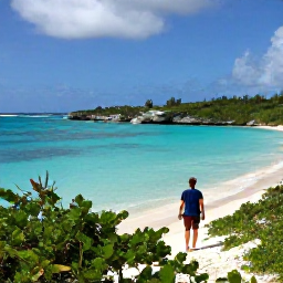 Caribbean Holidays, Bermuda Walking Holidays, A walker beside the dramatic shoreline at Cooper&rsquo;s Island Nature Reserve in Bermuda, with turquoise water, sandy beach and coastal vegetation