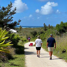Caribbean Holidays, Bermuda Walking Holidays, Friendly walkers enjoying a quiet Bermuda trail in January, with a picnic, lush vegetation and distant ocean views