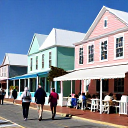 Caribbean Holidays, Bermuda Walking Holidays, Friendly walkers enjoying lunch at an outdoor caf&eacute; in Hamilton, Bermuda, with pastel buildings and sunny March weather