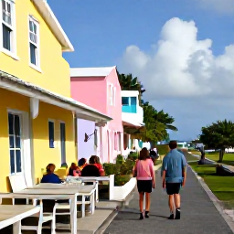 Caribbean Holidays, Bermuda Walking Holidays, Friendly walkers relaxing at a Bermuda caf&eacute; after a day on the trails, with pastel buildings and island scenery