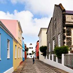 Caribbean Holidays, Bermuda Walking Holidays, Historic Bermuda walking scene with a visitor exploring St George's narrow lanes, pastel buildings and old stone architecture