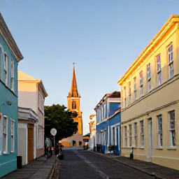 Caribbean Holidays, Bermuda Walking Holidays, Historic St George's Bermuda street scene with pastel buildings, a church tower and visitors exploring on foot in warm October light