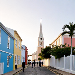 Caribbean Holidays, Bermuda Walking Holidays, Historic St George's Bermuda street with pastel buildings, walking visitors and a historic church in soft January sunlight