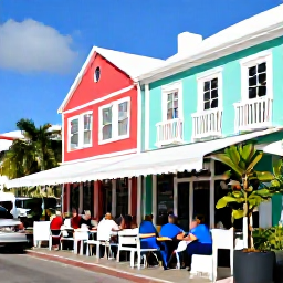 Caribbean Holidays, Bermuda Walking Holidays, Relaxed outdoor caf&eacute; in Bermuda after a walk, with visitors enjoying fresh seafood, colourful buildings and a sunny island atmosphere