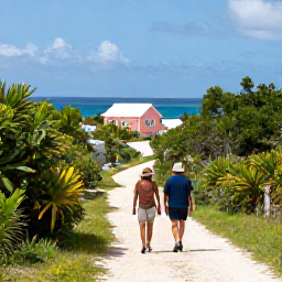 Caribbean Holidays, Bermuda Walking Holidays, Relaxed walkers enjoying a sunny Bermuda trail with ocean views, tropical greenery and a pastel cottage in the distance