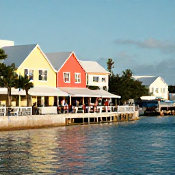 Caribbean Holidays, Bermuda Walking Holidays, Travellers relaxing at a Bermuda waterfront caf&eacute; after a walk, with colourful buildings, calm blue water and late afternoon sunshine