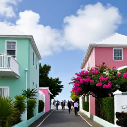 Caribbean Holidays, Bermuda Walking Holidays, Visitors walking through the historic streets of St George's Bermuda among pastel buildings and flowering gardens