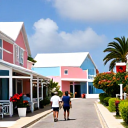 Caribbean Holidays, Bermuda Walking Holidays, Walkers exploring a colourful Bermuda village with pastel buildings, flowering gardens and a welcoming local cafe
