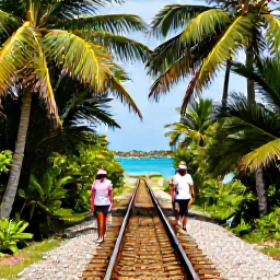 Caribbean Holidays, Bermuda Walking Holidays, Walkers exploring a peaceful Bermuda railway trail beneath palms and coastal trees, with glimpses of blue water