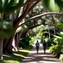 Caribbean Holidays, Bermuda Walking Holidays, Walkers exploring a shaded woodland trail in Bermuda, surrounded by cedar trees, palms and dappled sunlight