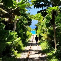 Caribbean Holidays, Bermuda Walking Holidays, Walkers exploring the Bermuda Railway Trail through green woodland, with tropical plants, dappled sunlight and glimpses of the sea