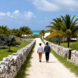 Caribbean Holidays, Bermuda Walking Holidays, Walkers following a peaceful trail through Bermuda countryside, with stone walls, palms and glimpses of the Atlantic Ocean