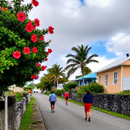 Caribbean Holidays, Bermuda Walking Holidays, Walkers following a quiet Bermuda country lane bordered by hibiscus, palms, stone walls and colourful island cottages