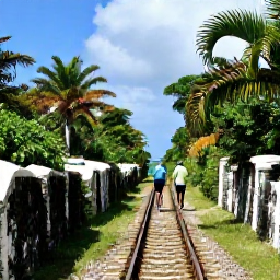 Caribbean Holidays, Bermuda Walking Holidays, Walkers following a quiet railway trail through Bermuda&rsquo;s greenery, with old stone walls, palms and glimpses of blue ocean