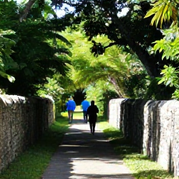 Caribbean Holidays, Bermuda Walking Holidays, Walkers following the Bermuda Railway Trail through lush greenery in April, with old stone walls and dappled sunlight