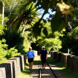 Caribbean Holidays, Bermuda Walking Holidays, Walkers following the Bermuda Railway Trail through lush greenery, with historic stone walls and filtered October sunshine